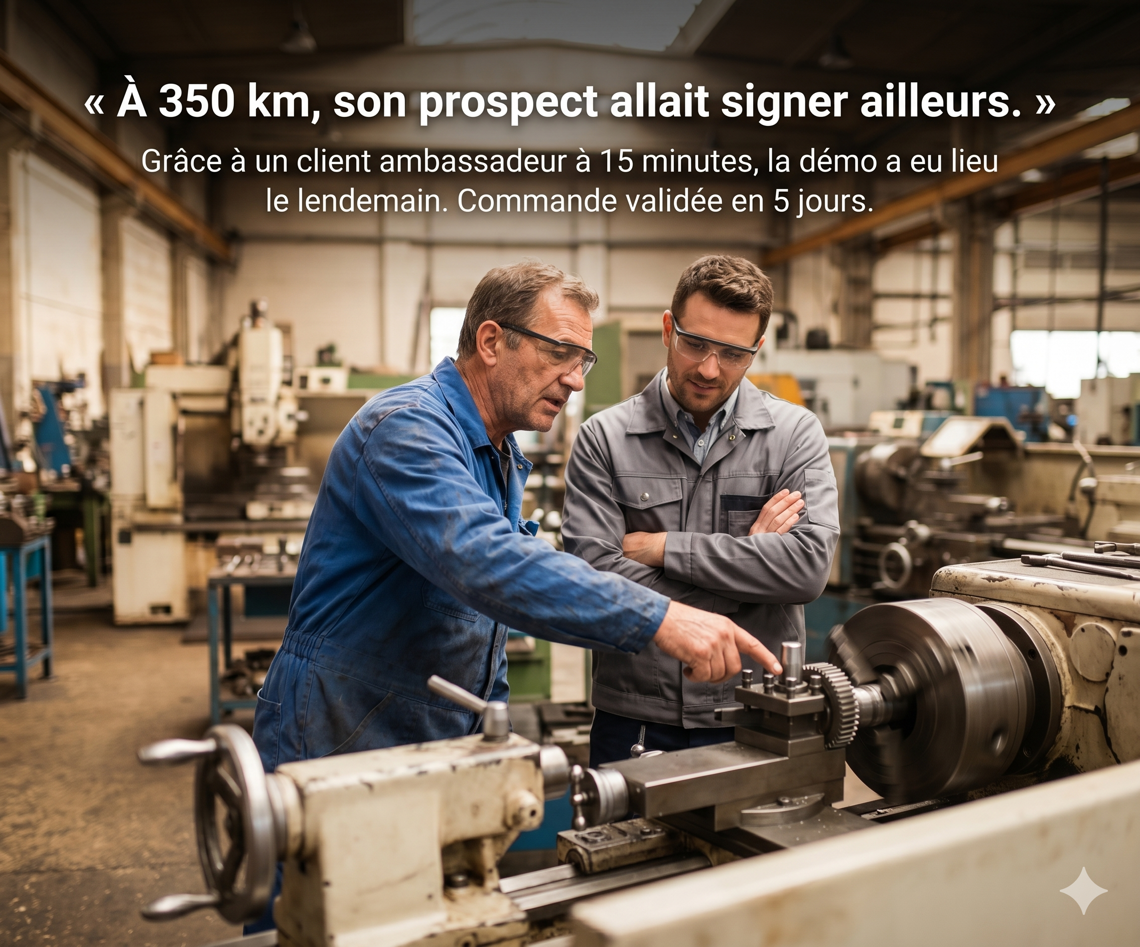 Atelier industriel — Un opérateur montre une machine en marche à un visiteur