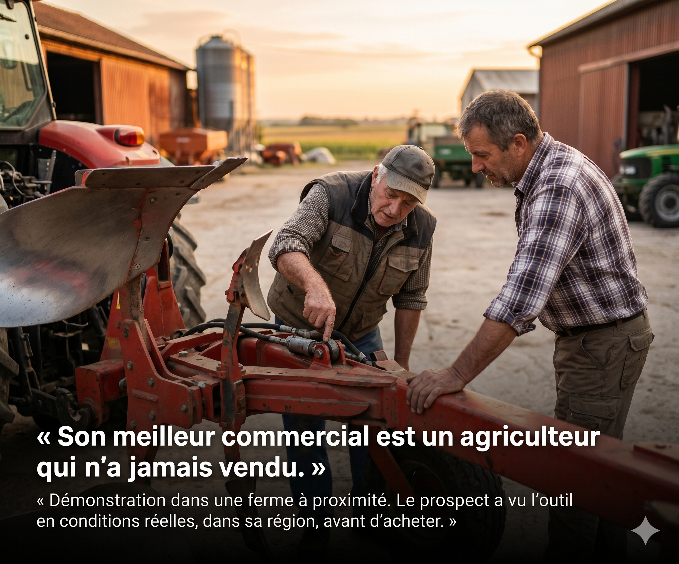 Cour de ferme — Deux agriculteurs près d'un outil agricole, lumière de fin de journée
