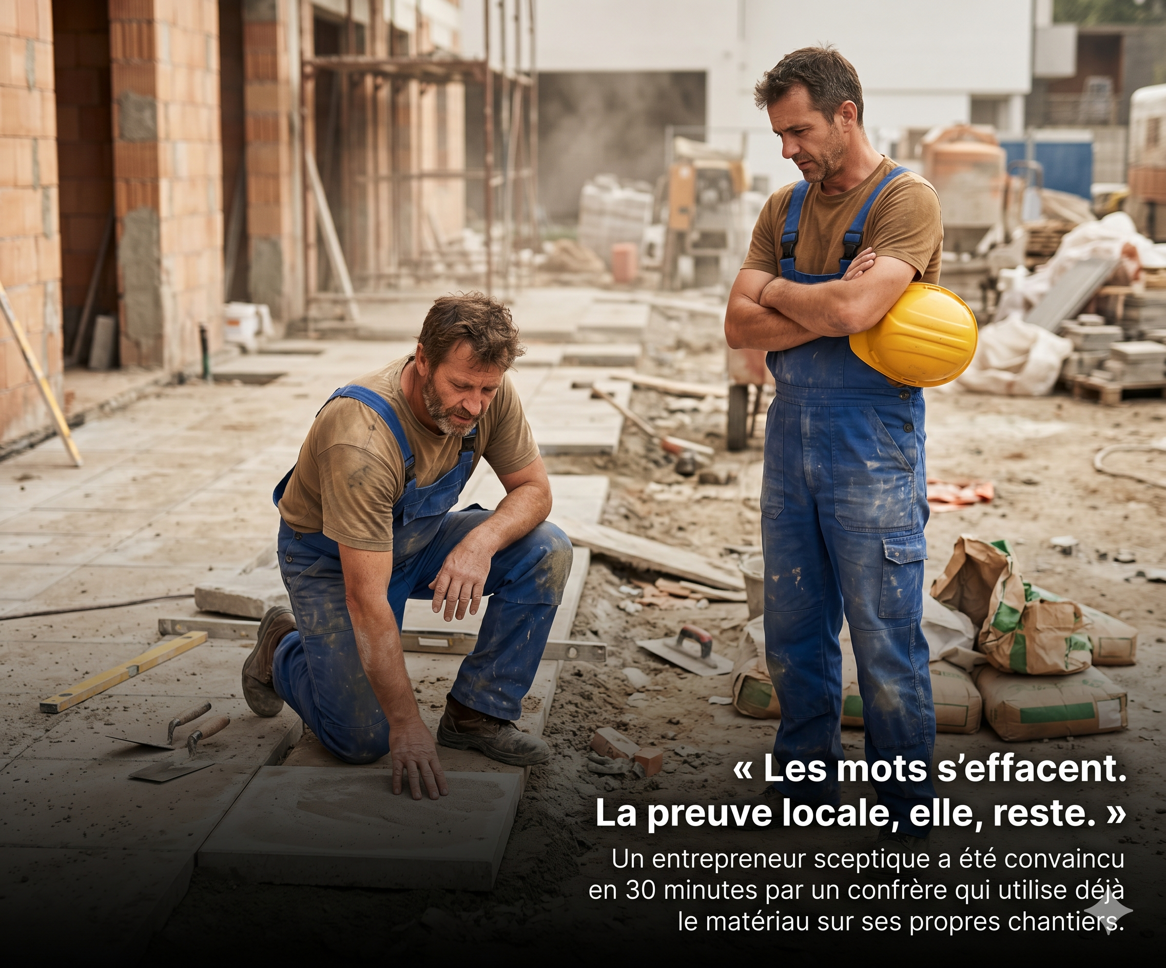 Chantier réel — Un artisan touche un matériau, un confrère à côté écoute